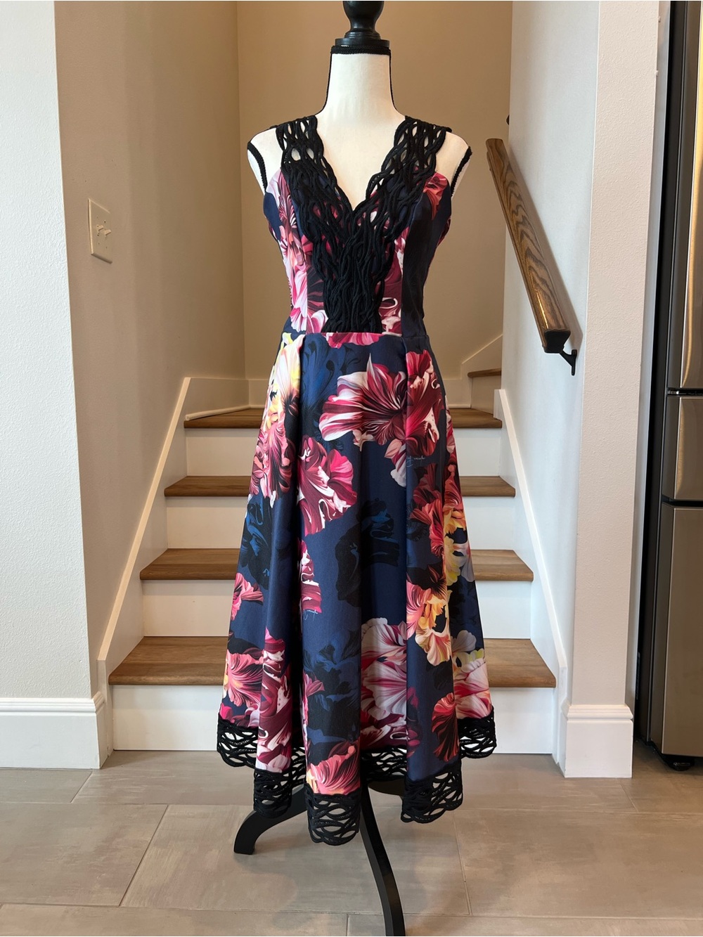 Navy Floral Midi Dress with Black Lace Trim